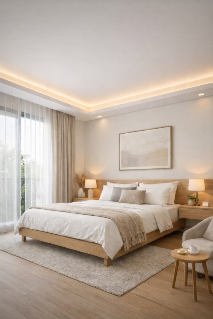 Modern Minimalist Guest Room with LED Ceiling & Natural Light Elegance