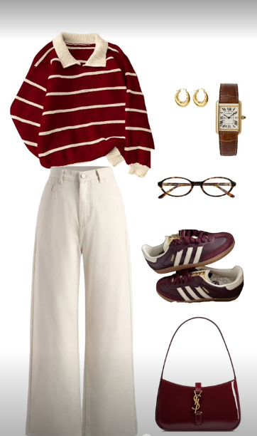Burgundy Striped Sweater Outfit with Cream Pants | Winter Outfit Idea